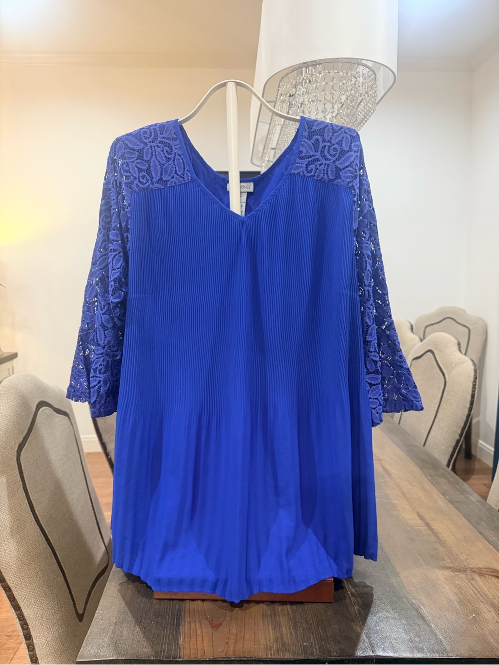 Catherines Royal Blue Pleated V-Neck Tunic with Lace Sleeves